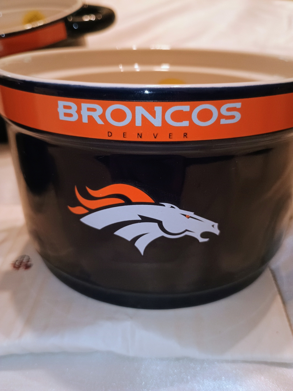 3 Denver Broncos Ceramic Soup Bowls with Handles - Blue and Orange - Picture 3 of 6